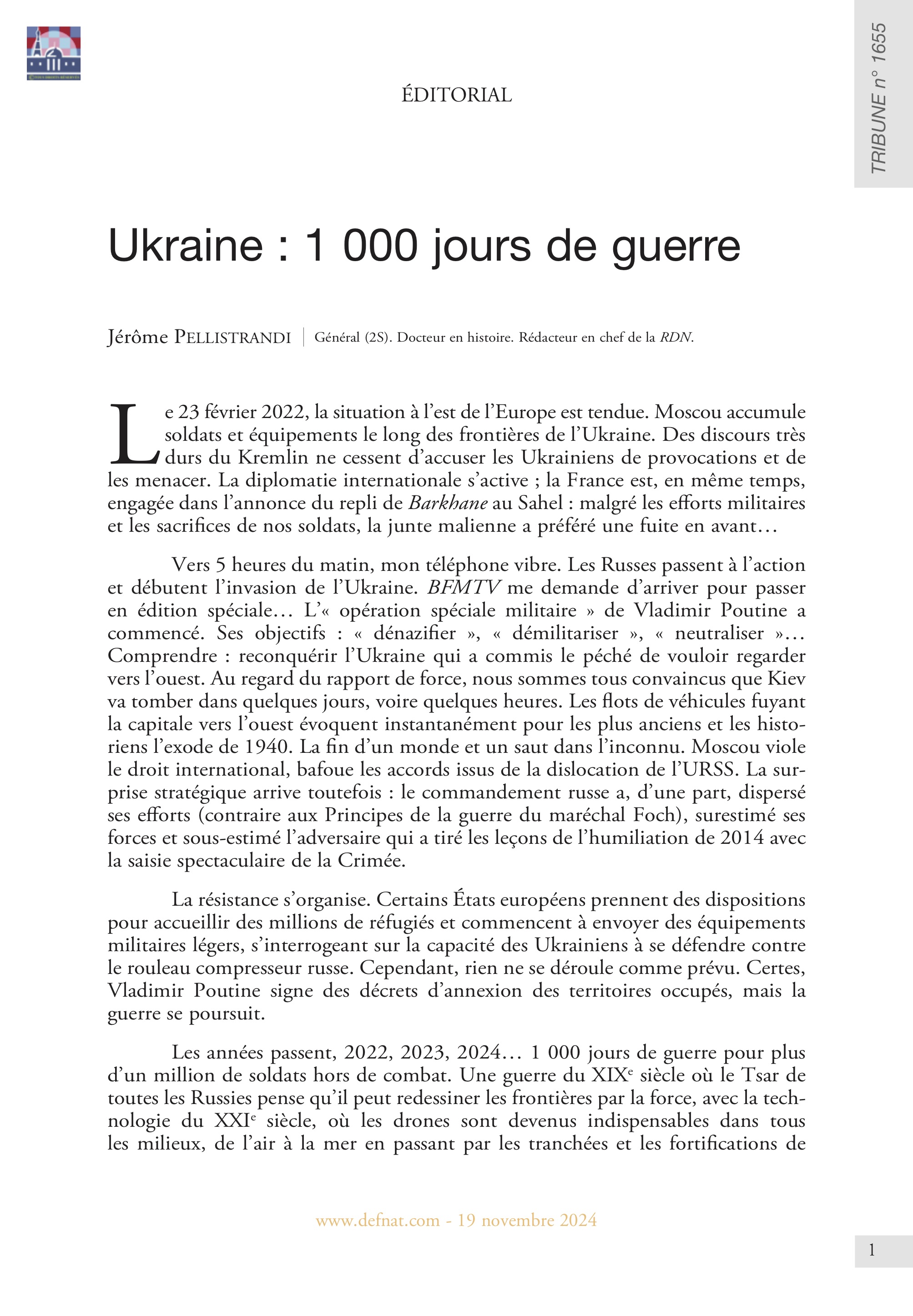 Éditorial – Ukraine : 1 000 jours de guerre
